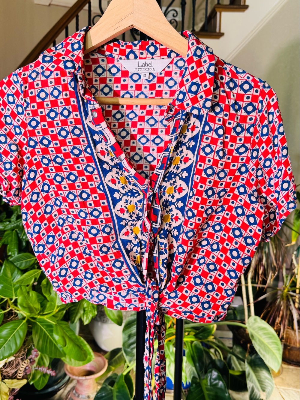 Ritu Kumar Red, Blue and White Printed Tie-Front Crop Top